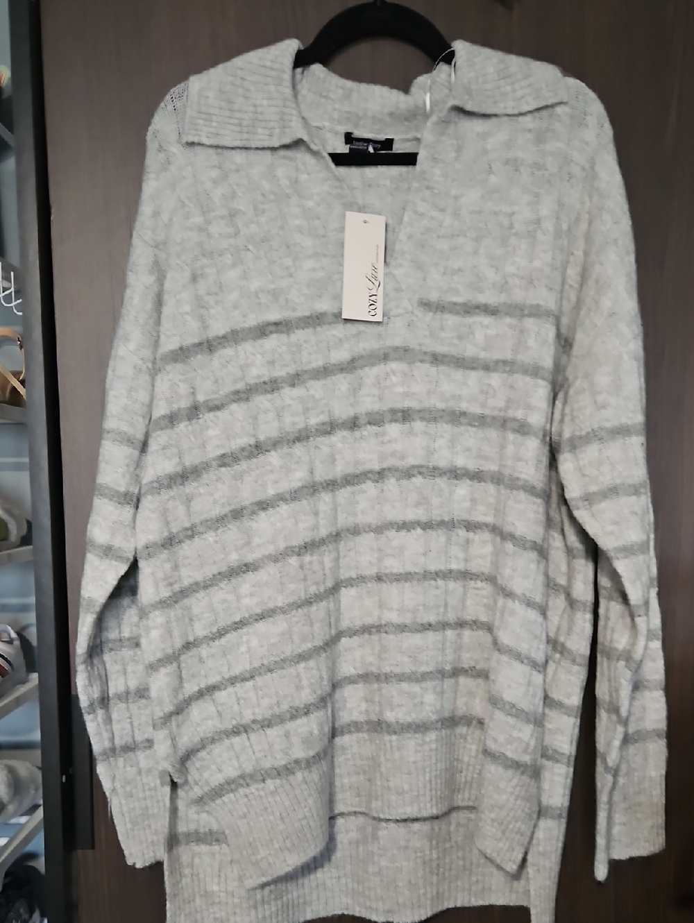 Light Gray Striped Sweater - Collared Pullover